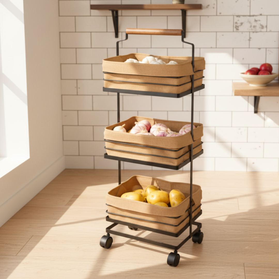 3-Layer Metal Storage Rack With Fabric Cover Baskets