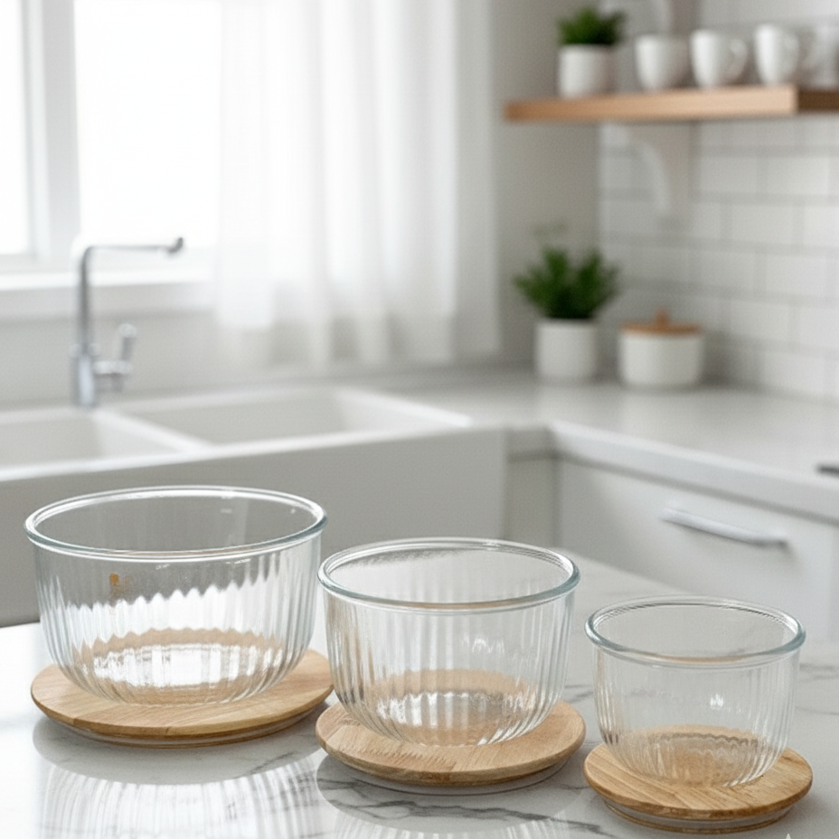 Fluted Design Airtight Glass Bowls Set