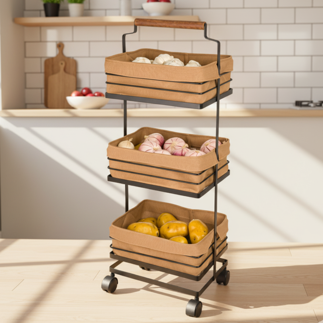 3-Layer Metal Storage Rack With Fabric Cover Baskets